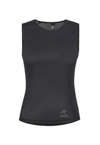 Czarny sportowy top bez rękawów z siateczkowym wzorem, dopasowanym krojem, gładką fakturą i subtelnym logo w pobliżu dolnego brzegu.