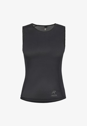 Zwarte mouwloze sporttop met een mesh-ontwerp, aansluitende pasvorm, gladde textuur en een subtiel logo vlak bij de zoom.