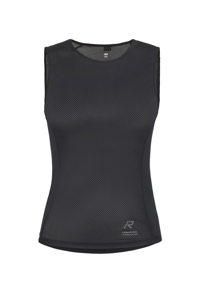 Czarny sportowy top bez rękawów z siateczkowym wzorem, dopasowanym krojem, gładką fakturą i subtelnym logo w pobliżu dolnego brzegu.