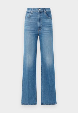 Light blue wide-leg jeans made of denim with a high waist. Features a button and zipper closure, and subtle fading across the fabric.
