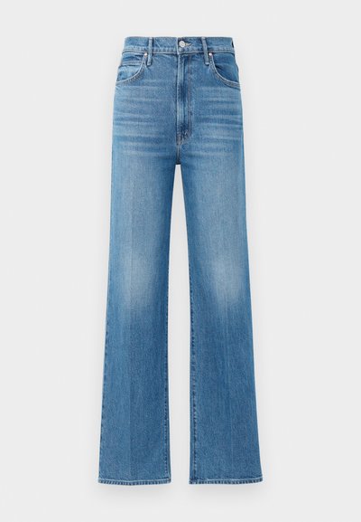 Light blue wide-leg jeans made of denim with a high waist. Features a button and zipper closure, and subtle fading across the fabric.