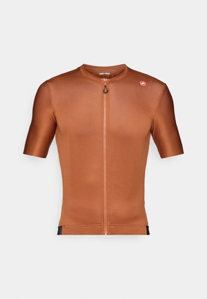 Kurzarm-Radsporttrikot aus strukturiertem verbranntem Orange Stoff. Verfügt über einen teilweisen Reißverschluss vorne und ein kleines Logo an der Schulter.