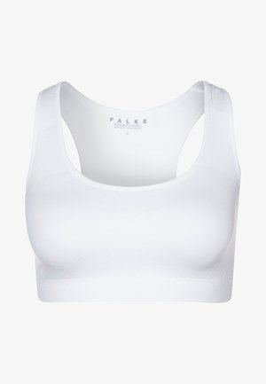 Witte sportbeha met een gladde textuur, brede bandjes en een aansluitend ontwerp. Voorzien van een logo op de binnenband en een ergonomische stijl voor comfort.