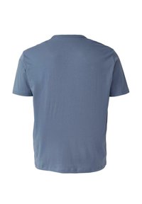 Ein schlichter, kurzärmeliger Rundhalsausschnitt-T-Shirt in gedecktem Blau, von hinten auf einem weißen Hintergrund gezeigt.