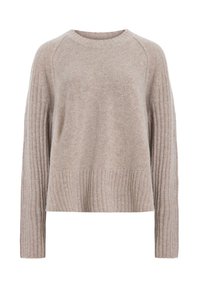 Pull en tricot beige avec manches longues côtelées et ourlet, doté d'un col rond et d'un tissu doux et texturé.