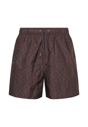 Pantaloncini da bagno marrone scuro con un sottile motivo a logo su tutta la superficie, vita elasticizzata e coulisse regolabili.