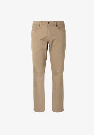 Khakifarbenen Hosen aus Baumwolle, mit geradem Schnitt, Gürtelschlaufen, frontalen Taschen und einem Ein-Knopf-Verschluss. Glatte Textur, schlichtes Design.