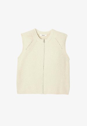 Gilet sans manches en tricot léger de couleur crème avec un motif côtelé texturé et une fermeture éclair à l'avant, présentant des détails en tricot ajouré au niveau des épaules.