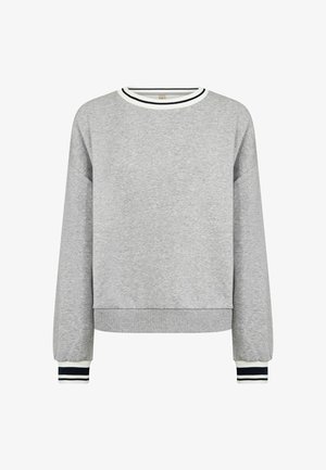 Helehall crewneck-pusak valge soonikkoelusega krae ja varrukapitsidega, millel on mustad triibud, pikad varrukad ja lõdvestunud istuvus.