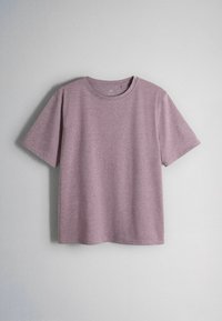Basic short-sleeve crew neck t-shirt in muted mauve, displayed flat against a plain light gray background.