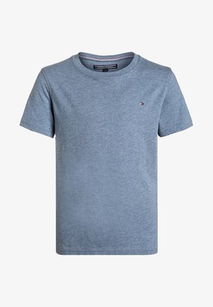 Niebieska bawełniana koszulka, krótki rękaw, okrągły dekolt, z małym logo na piersi. Gładka faktura i klasyczny krój.