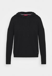 Hoodie noir en tissu doux, avec une capuche à cordon de serrage, des manches longues, des poignets côtelés et un détail logo en bas.