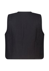Zwarte gewatteerde bodywarmer met een mouwloos ontwerp, voorzien van verticale stiknaden en een gladde textuur. Geen versieringen of zichtbare hardware.