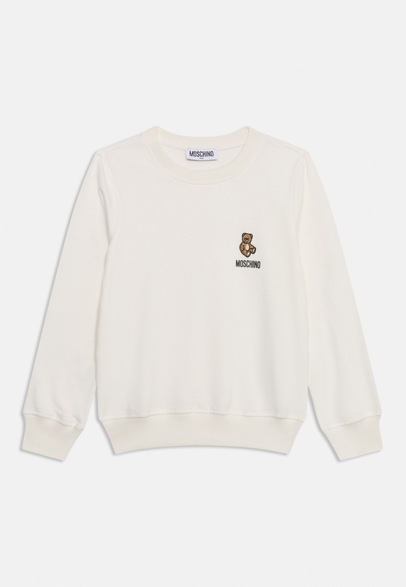 Sweat-shirt blanc à manches longues avec un petit ours en peluche marron et le logo MOSCHINO sur la poitrine gauche, poignets et ourlet côtelés.