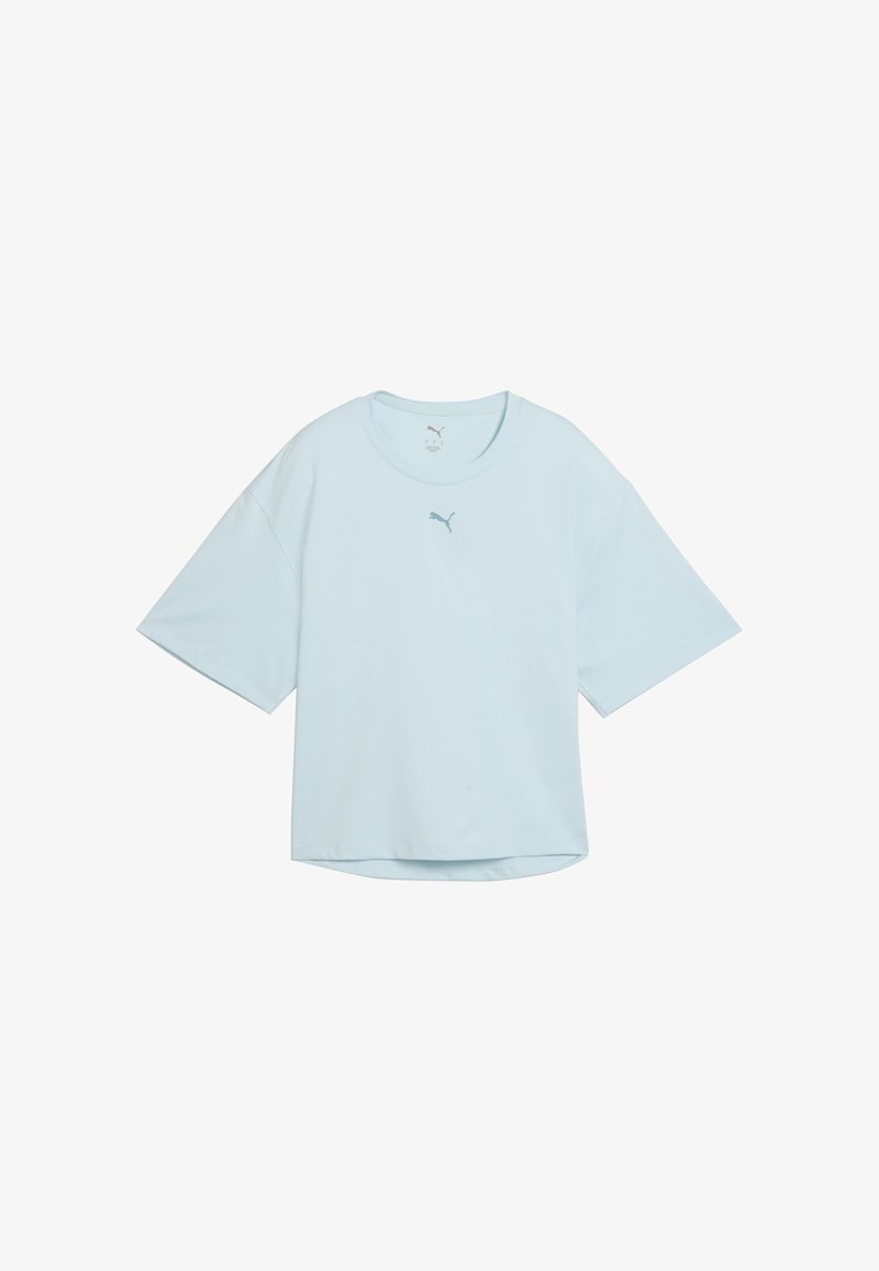 T-shirt Puma bleu clair à manches courtes, col rond et logo Puma sur la poitrine.