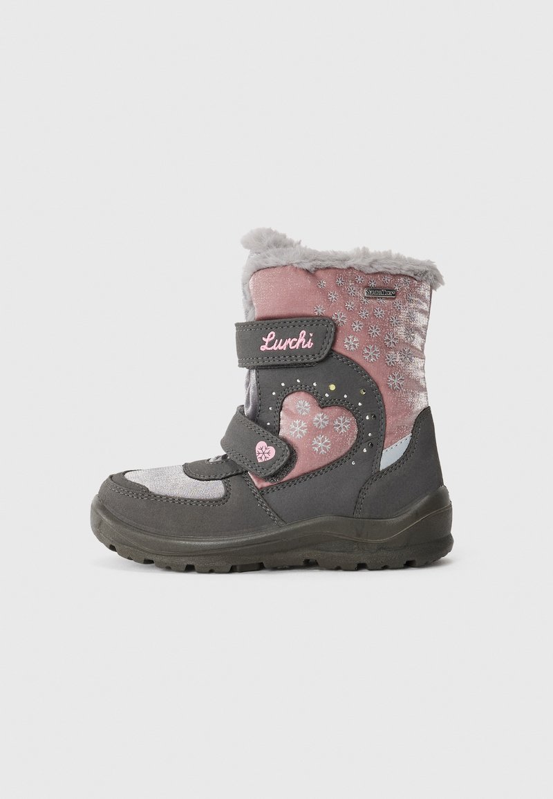 Grå och rosa vinterkängor med en kardborreband, pälsliknande foder, snöflingemönster, hjärtaccent och en texturerad gummisul.