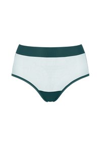 Majtki z wysokim stanem, z turkusową taśmą i przezroczystym białym tiulem, gładkie krawędzie, bez widocznych logo.