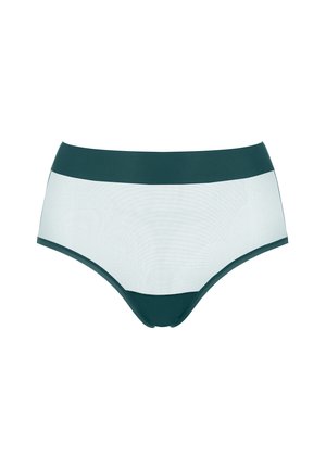 Majtki z wysokim stanem, z turkusową taśmą i przezroczystym białym tiulem, gładkie krawędzie, bez widocznych logo.