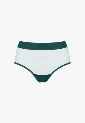 Hoog uitgesneden ondergoed met een teal gekleurde band en een doorschijnend wit mesh lichaam, met gladde randen en zonder zichtbare logo's.