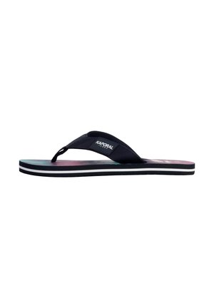Black flip-flop with a textured strap, multicolored pattern on the footbed, and a thick sole featuring white horizontal stripes.