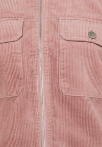 Tissu en velours côtelé rose avec des rainures verticales, comportant une fermeture éclair argentée centrée et deux poches à rabat à l'avant, dont une avec un petit bouton en métal rond.