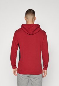 Felpa con cappuccio rosso e accenti grigi, realizzata in materiale morbido. Caratterizzata da maniche lunghe e vestibilità rilassata con polsini e orlo a coste.