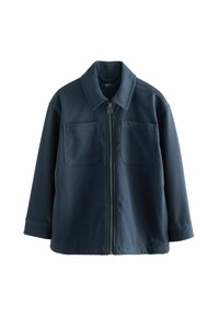 Giacca blu con zip, realizzata in tessuto texturizzato, dotata di due tasche frontali, colletto classico e silhouette dritta.
