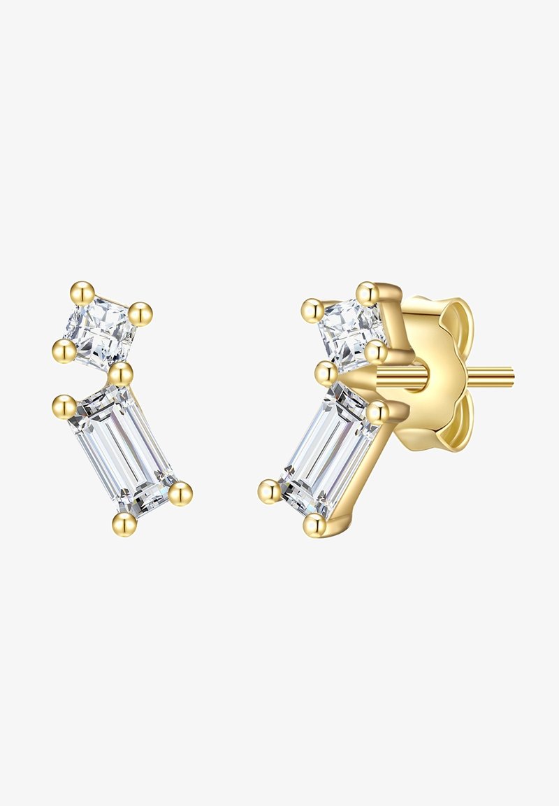 Boucles d'oreilles en ton doré avec deux cristaux transparents taillés en rectangle, l'un plus grand et l'autre plus petit, fixés par des montures décoratives à griffes.