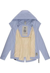 Light blue, waterproof jacket with a hood, features a beige interior lining and a tag inside. Includes zippers and adjustable hem.