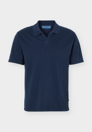 Dark blue short-sleeve polo shirt with a collar and V-neck placket, displayed flat against a plain white background.