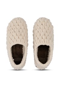 Kremowe, dziergane kapcie z miękką wyściółką, teksturowaną cholewką i odkrytą piętą. Zawierają metkę z rozmiarem 37/38.