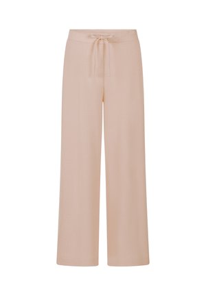 Beige geribbelde broek met wijde pijpen, elastische tailleband en voorzijde met trekkoord.