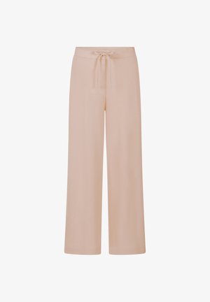Beige geribbelde broek met wijde pijpen, elastische tailleband en voorzijde met trekkoord.