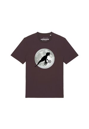 Dunkelbraunes T-Shirt mit einer Grafik eines T-Rex, der vor einem großen Vollmond Fahrrad fährt.