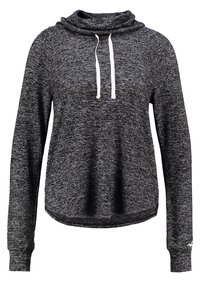 Svart och grå melerad hoodie med långa ärmar, en cowl-hals och vita dragsnöre. Har en rundad nederkant och ribbade manchetter.