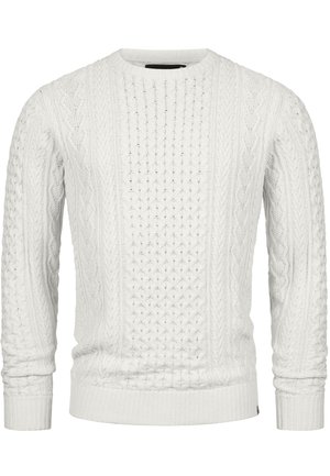 Maglione bianco lavorato a maglia con motivo a treccia, scollo rotondo e polsini e orlo a coste. Testurizzato, con dettagli a punto variabili.