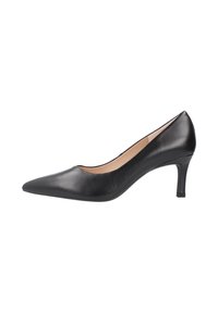 Scarpa alta in pelle nera con punta affusolata e design elegante. Presenta un tacco a stiletto di altezza media e una finitura liscia.