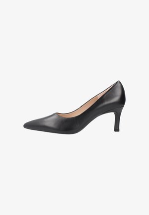Scarpa alta in pelle nera con punta affusolata e design elegante. Presenta un tacco a stiletto di altezza media e una finitura liscia.