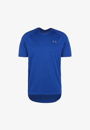 Blauw sportshirt met korte mouwen, gemaakt van glad synthetisch materiaal, met een ronde halslijn en een subtiele logo op de borst.