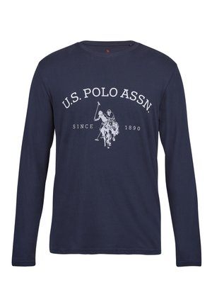 Navy long-sleeve t-shirt made of fabric with a soft texture, featuring a white graphic of a polo player with "U.S. POLO ASSN." above.