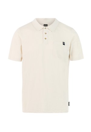 Bež polo majica kratkih rukava s tri gumba, džepom na prsima s malom crnom oznakom i klasičnim ovratnikom.