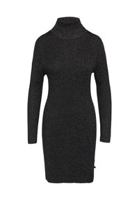 Schwarzes, langärmliges Kleid mit hohem Rollkragen, aus einem strukturierten, schimmernden Stoff gefertigt, das eine figurbetonte Silhouette und einen knielangen Schnitt aufweist.