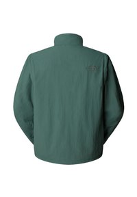 Grüne, leichte Jacke mit hohem Kragen, die ein einfaches Design aufweist. Der Rücken zeigt ein dezentes, gesticktes Logo oben links.