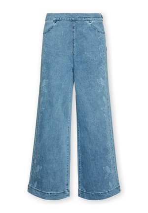 Blue denim wide-leg jeans with subtle floral embroidery running along the outer seams and front pockets.