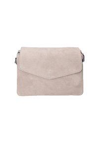 Borsa a pochette in suede beige con un risvolto triangolare, dettagli di cucitura e chiusura con zip. Texture morbida e forma rettangolare compatta.