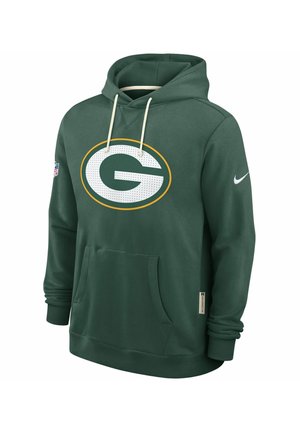 Felpa con cappuccio verde realizzata in tessuto morbido. Presenta un grande logo "G" bianco e giallo, una tasca frontale e un cappuccio con laccio. Marchio Nike sulla manica.