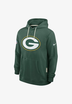 Grüner Hoodie aus weichem Stoff. Mit einem großen weißen und gelben "G"-Logo, einer Fronttasche und einer Kapuze mit Kordelzug. Nike-Logo am Ärmel.