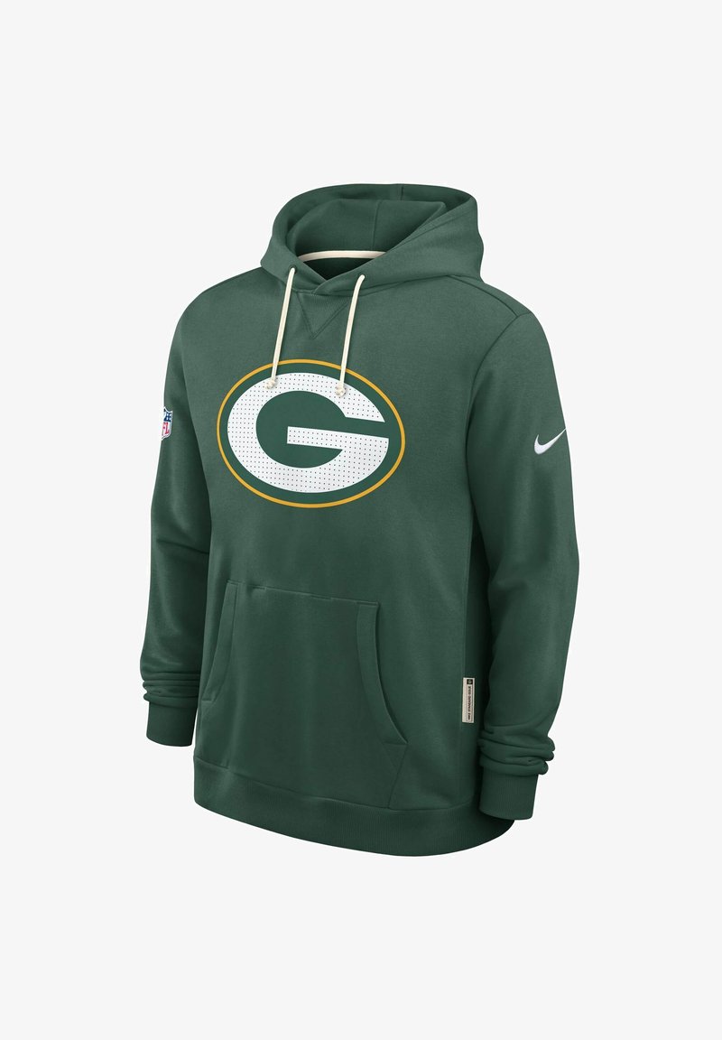 Grüner Hoodie aus weichem Stoff. Mit einem großen weißen und gelben "G"-Logo, einer Fronttasche und einer Kapuze mit Kordelzug. Nike-Logo am Ärmel.