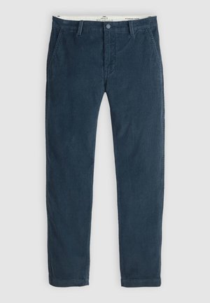 Donkerblauwe corduroybroek met een standaard taps toelopende pasvorm, zijzakken, riemlussen en een knoopsluiting.