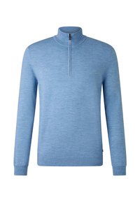 Heller blauer Langarmpullover mit einem Viertelreißverschluss am Hals. Weiche Stricktextur und gerippte Bündchen. Minimalistisches Design ohne Muster oder Akzente.